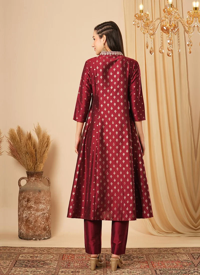 globus Maroon Globus Women Ethnic Motifs Printed Panelled Thread Work Kurta With Trousers Festive Set for Women | Best Price UAE